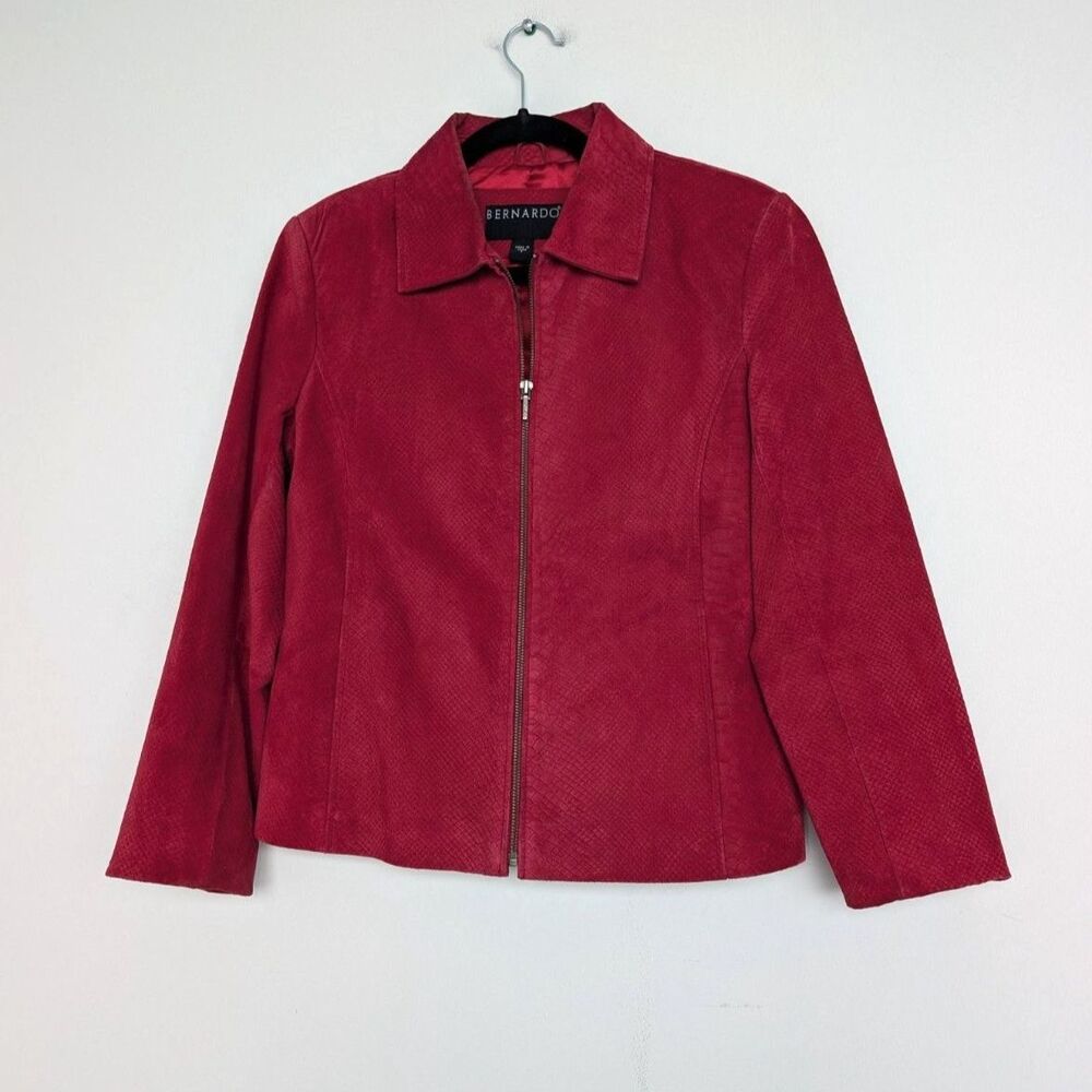 Suede Snake Embossed Leather Red Bernardo Zip Up Collared Jacket Sz S